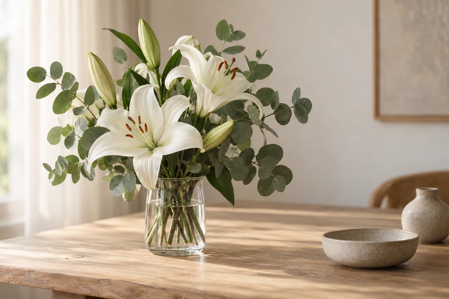 Weiße Lilien in einem hellen Blumenarrangement