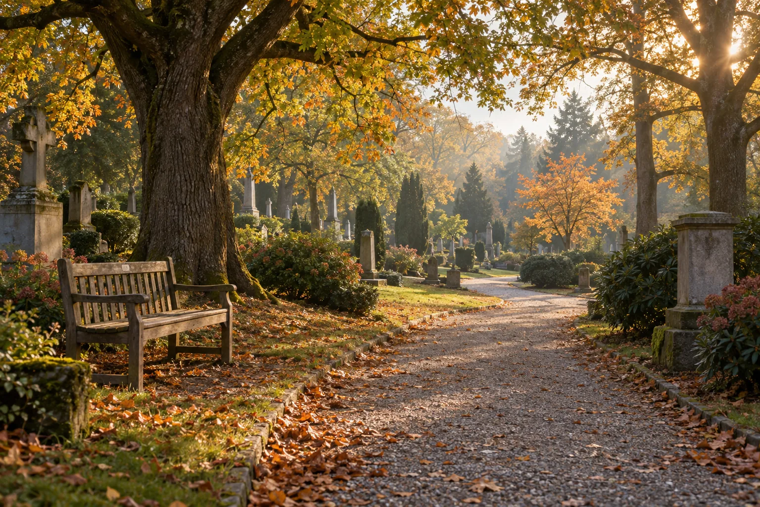 Parkfriedhof mit einer Bank unter herbstlichen Bäumen